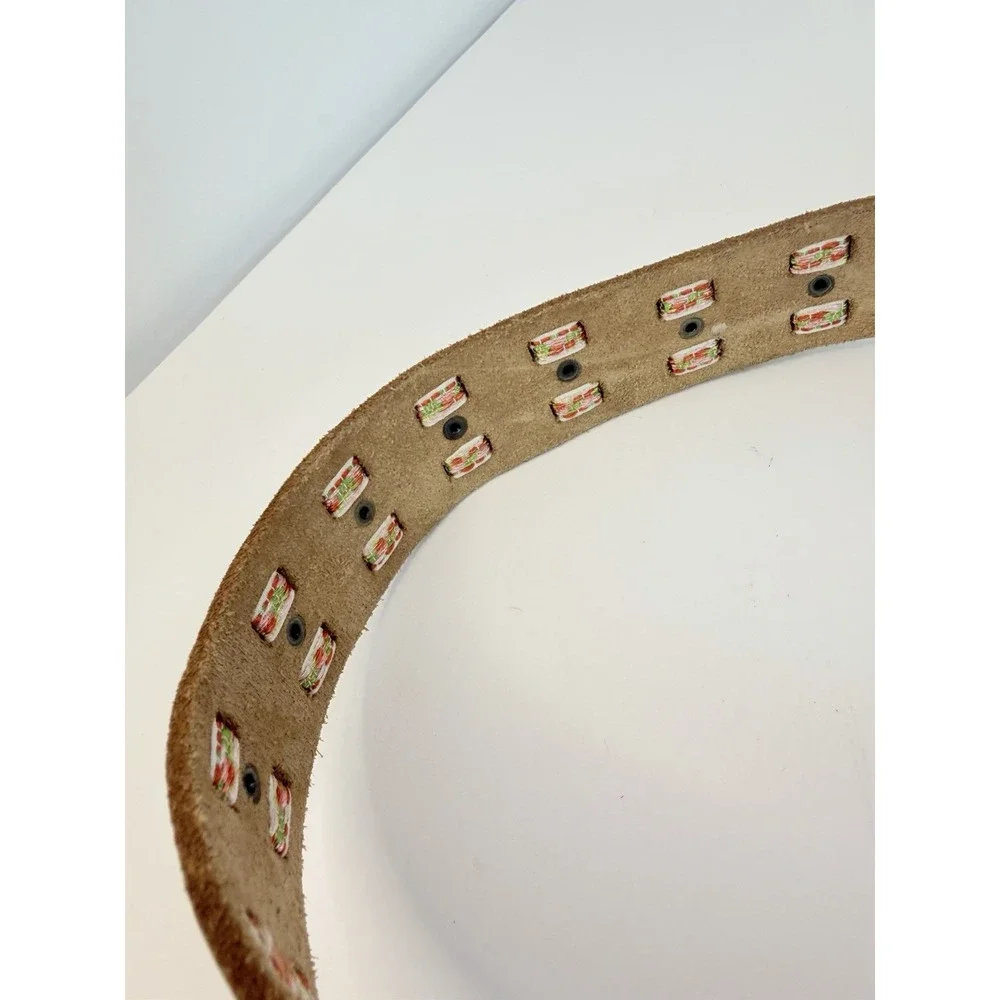White Leather Belt Colorful Ribbon Accents Vintage Boho Style 31-34